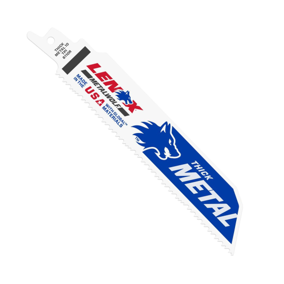 The LENOX Bi-Metal 6 in. Reciprocating Saw Blade (5-Pack) showcases LENOX Metalwolf Technology with a wolf image, designed for cutting thick metals. Featuring POWER BLAST TECHNOLOGY for added durability, these USA-made blades are white and blue from LENOX.